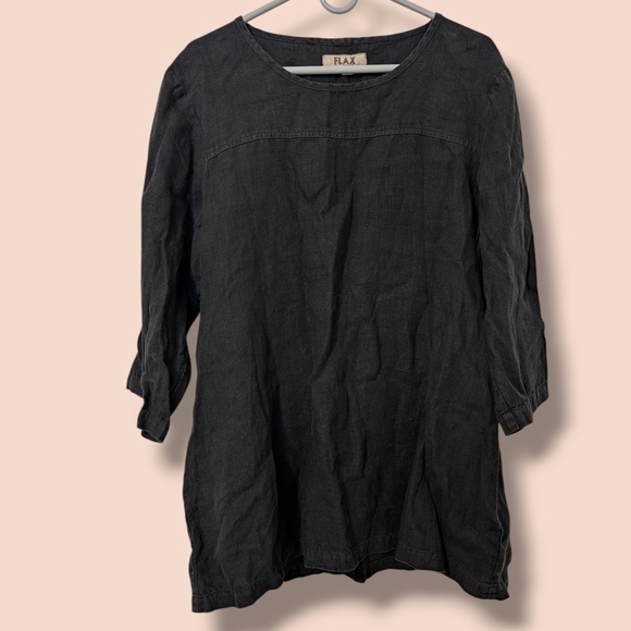 Flax Dresses & Skirts - Flax Black 100% Linen 3/4 Sleeve Crewneck Relaxed Tunic Mini Dress M Lagenlook